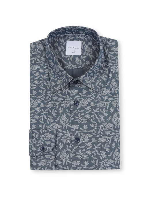 White Leaf Printed Blue 100% Cotton Shirt