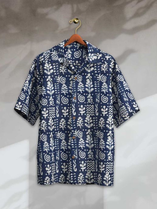 Batik  Print Cuban collar Short sleeve Shirt